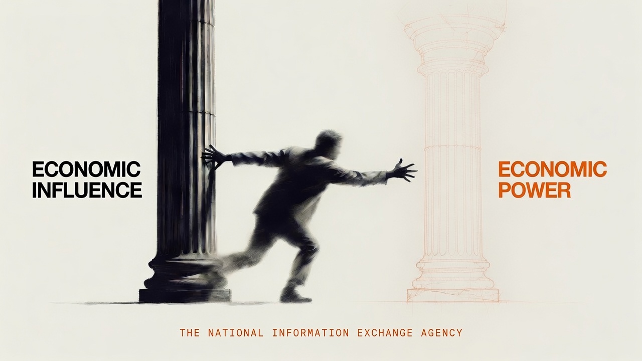 A figure pushes off a solid black column labeled Economic Influence, reaching toward a faint orange column labeled Economic Power. The National Information Exchange Agency.